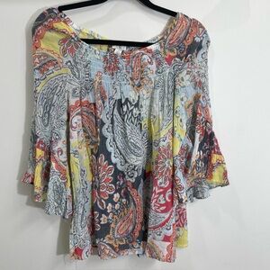 Vibrant Paisley Off-Shoulder top smocked boho Y2K flared hippie retro festive